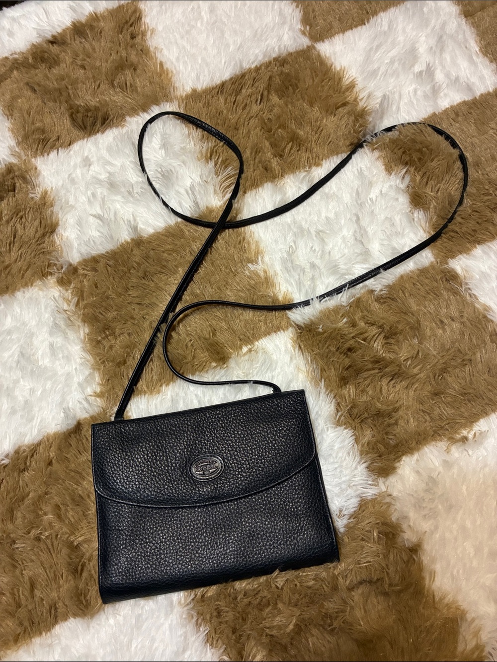 Vintage Fossil Black Pebbled Leather Crossbody with Logo Plaque